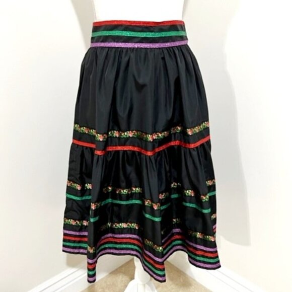 Luisa Spagnoli Black A-Line Taffeta Skirt w/ Sparkly Ribbon Accents Size 44 = M - Picture 1 of 9